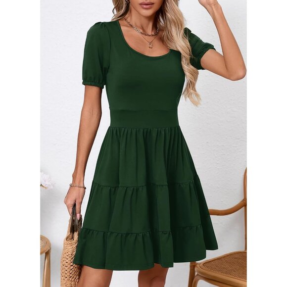 Women's Summer Dress Square Neck Formal Short Sleeve Business A-Line Midi Dress - Picture 3 of 5